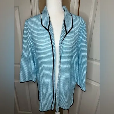 Ming Wang Open Front Knit Cardigan Jacket Light Sky‎ Blue Black Trim 3/4 Sz L • $32