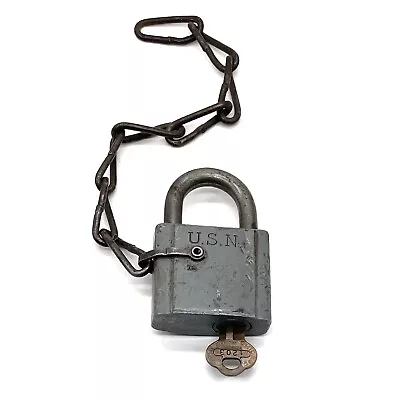 Vintage Old Brass Chicago Lock USN Navy Lock Padlock With Chain & Key • $29.99
