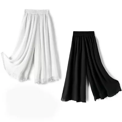 Womens Casual Pleated Wide Leg Palazzo Elastic Culottes Loose High Waist Pants • $13.01