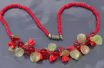 Vintage CZECH Red Glass Flowers Charms Beaded Necklace 15  • $55