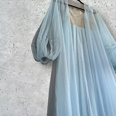 Vintage GLYDONS Hollywood Sky Blue Peignoir Neglige Night Gown & Sheer Robe - Lg • $100