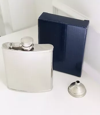 6 Oz. Stainless Steel Flask With Funnel - Attached Screw Cap - New In Box • $5.99