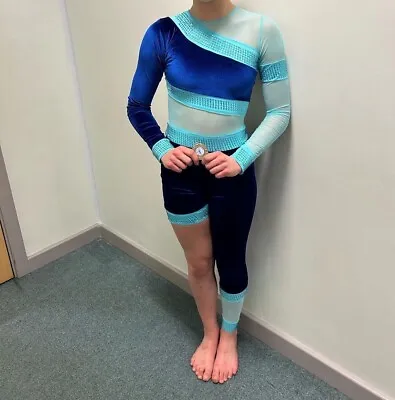 Handmade Blue Modern Jazz Dance Catsuit Costume With Crystals Size 8 Age 14-16 • £50