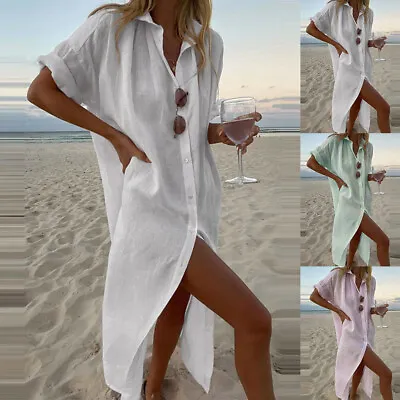 Women Linen Cotton Shirt Dress Casual Baggy Tunic Long Blouse Tops Kaftan Dress • £4.89