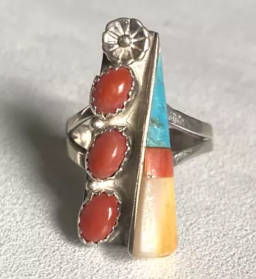 Vintage Native American “ZUNI” Sterling Turquoise & Coral Ring - Size 5.75 • $76