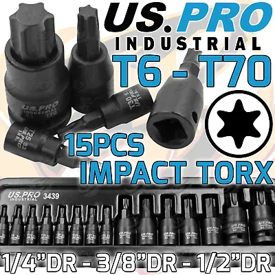 Us Pro Impact Torx Bit Socket Set T6 - T70 1/4  3/8  1/2  Drive Star Bits Trx • £13.95