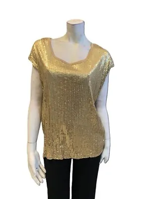 MICHAEL KORS Dk/Camel Gold Sequin Scoop Neck Top With Cap Sleeves LARGE NWT $80 • $40