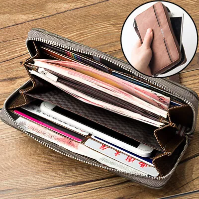 Men's Clutch Bag Handbag Leather Zipper Long Wallet Business Large Phone Holders • $10.68