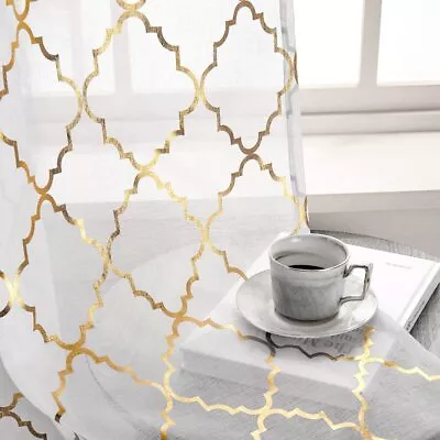 Gold White Sheer Curtains - Metallic Gold Moroccan Sheer Curtains 72 Inch Len... • $34.43