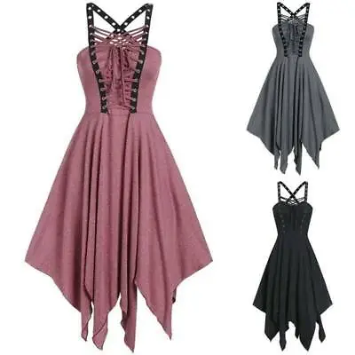 Gothic Dress Women Punk Sleeveless Midi Dress Corset Irregular Lace Up Lady 2024 • £20.66