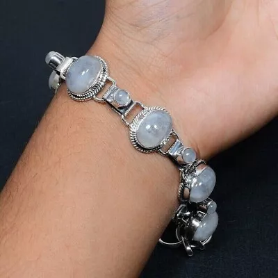 Moonstone Silver Bracelet 925 Sterling Silver Bracelet Natural Gemstone Bracelet • $280