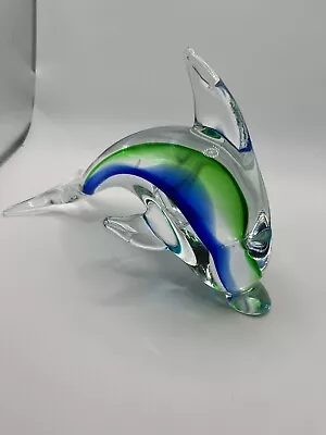 Vintage Rubelli V.A. Murano Italy Hand Blown Blue/Green/Clear Dolphin Figurine. • $15