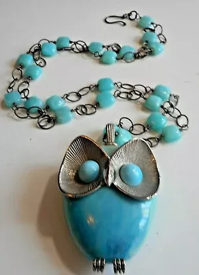 Vintage Lucite And Silvertone Owl Pendant And Stationed Glass Beaded N • $24.50