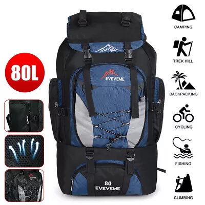 80L Hiking Camping Backpack-Waterproof Traveling Luggage Rucksack Bag-Outdoor UK • £11.98