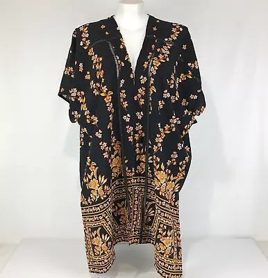 Band Of Gypsies Kimono Black Size 1X 22 24 Mustard Yellow Floral Open Jacket • $22