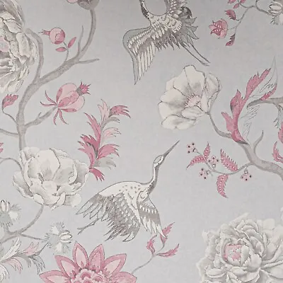 £10.99 • Buy Arthouse Japanese Crane Birds Floral Grey Silver Pink Textured Vinyl Wallpaper