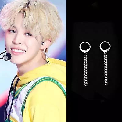 BTS Style Kpop Punk Thin Hoop Earrings Silver Steel BTS Jewelry Jimin Earrings • $172.76