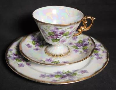 Vintage Ucagco Iridescent Porcelain China Plate Cup & Saucer February Violet • $52