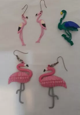 Vintage 2 Pairs Pink Flamingo Earrings One Green Flamingo Brooch • $9.99