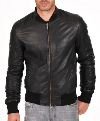 Mens Varsity Bomber Leather Jacket 100 % Real Soft Sheepskin Black Brown • $103.94