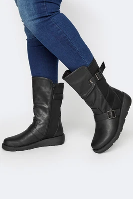 Yours Clothing Faux Leather Wedge Buckle Boots In Wide & Extra Wide Fit • £44.99