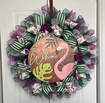 Welcome Pink Flamingo Wreath • $36