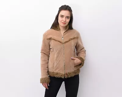 Women L Y2K Afghan Tan Jacket Faux Suede Faux Fur Lining Coat Waistcoat VTG • $68.43