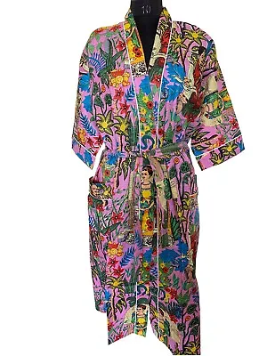 $49.49 • Buy Indian Pink Kimono Cotton Bathrobe Beach Wear Robe Dressing Gown Maxi Night Dres
