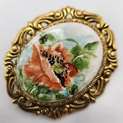 Vintage Hand Painted Porcelain Tiger Lily Brooch Flower Floral Filigree Ornate • $12.73