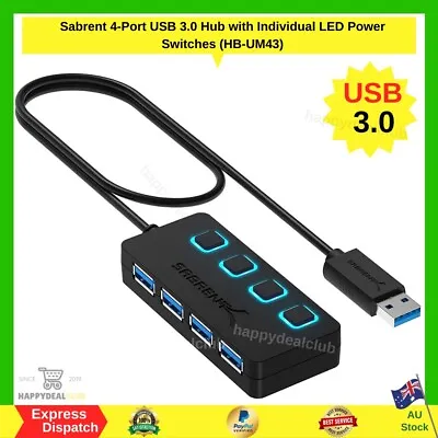 $19.80 • Buy Sabrent 4-Port USB 3.0 Hub With Individual LED Power Switches (HB-UM43) NEW AU