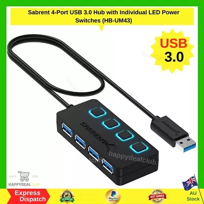 $19.80 • Buy Sabrent 4-Port USB 3.0 Hub With Individual LED Power Switches (HB-UM43) NEW AU