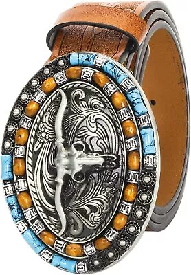 Western Cowboy PU Leather Belts - Men Women Waist Strap Longhorn Bull Golden Buc • $22.94