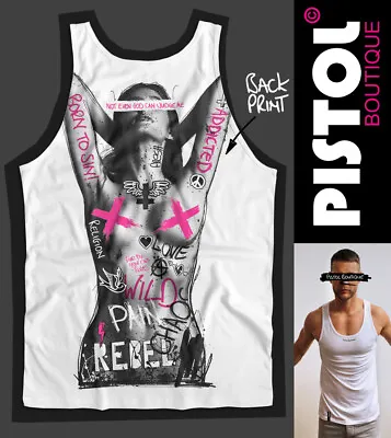 Pistol Boutique Men's White NAKED TATTOOS GIRL Back Print Vest Top Singlet Tank • £25.19