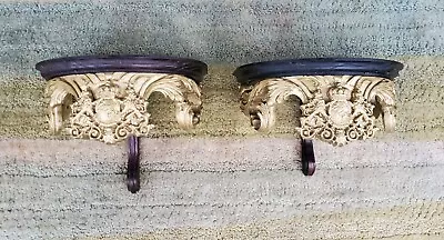 Pair Of Vintage Coat Of Arms Lions Gold Gilt Wall Corbel Shelves Consoles • $174.98