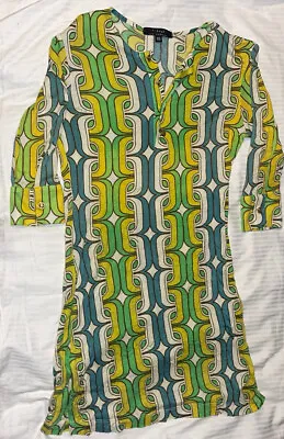T Bags Los Angeles Dress Tunic Green Yellow Brown Mod Rayon Women’s XS • $12.07