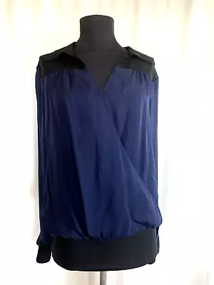 Michael Stars Blue And Black Silk Faux Wrap Blouse - Size Medium • $9.95