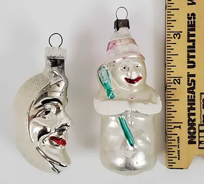 Vintage Mercury Glass Christmas Ornaments Silver Moon Snowman 3  • $15.35