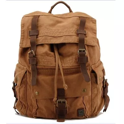Unisex Vintage Leather Canvas Men's Backpack Large Travel Backpack Military • $121.31