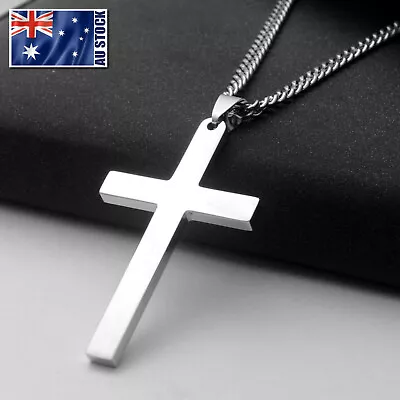 $6.99 • Buy Stainless Steel Plain Silver Jesus Cross Crucifix Pendant Necklace Mens & Womens