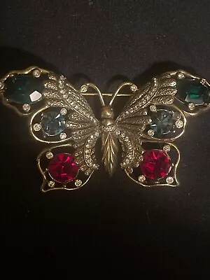 Vintage Multicolor Crystal Rhinestone BUTTERFLY BROOCH Gold DESIGNER BUG L53k • $50