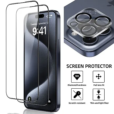 For IPhone 12 13 14 15 Pro Max Full Tempered Glass Lens & Screen Protector Film • $10.99