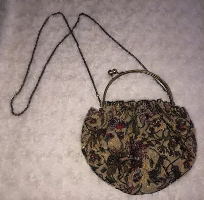 Vintage Evening Bag Purse Hand Sewn Hand Made Beaded Embroidered Gold Cross Body • $14.99