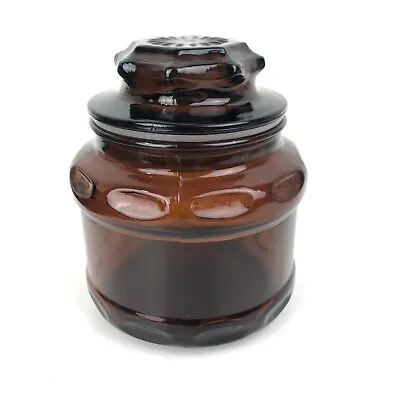 Vintage Dark Amber Brown Glass Apothecary Canister Spice Jar Starburst Lid 1 Cup • $8