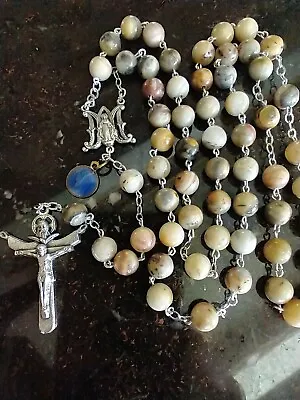$54.73 • Buy Catholic Mexican Agate Miraculous Medal Trinity Rosary Vintage Blue Enamel Mary