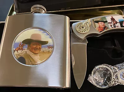 John Wayne Flask Knife And Key Chain All In Decortive Tin Box • $50