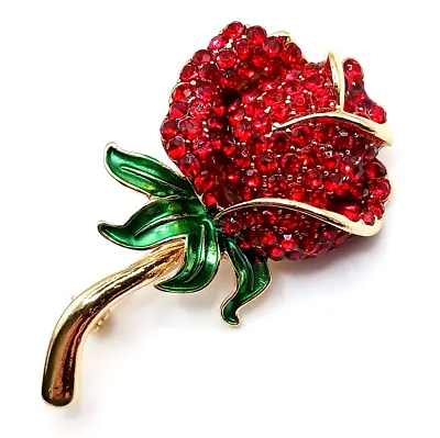 MONET Rhinestone Brooch Single Long Stem Rose Flower Red Gold Tone  • $14.95