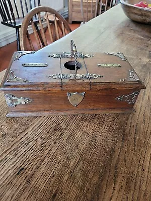 £100 • Buy Arts And Crafts Oak Brass Smokers Box Cigars Cigarettes