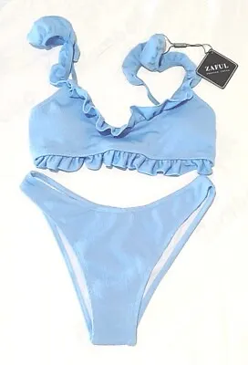 ZAFUL - Crinkle Ruffle Cheeky Bikini Swimwear - Light Blue • $9.95