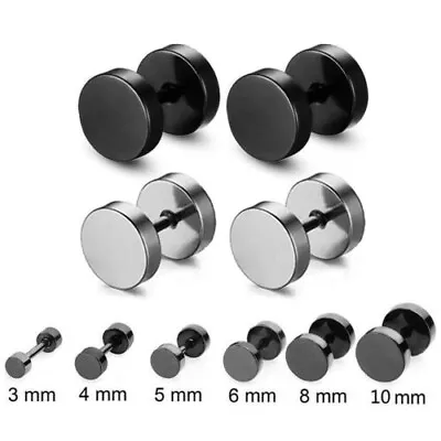 $3.69 • Buy Pair Black Flat Round Barbell Plug Stud Earrings Stainless Steel Mens Gym 3-14MM