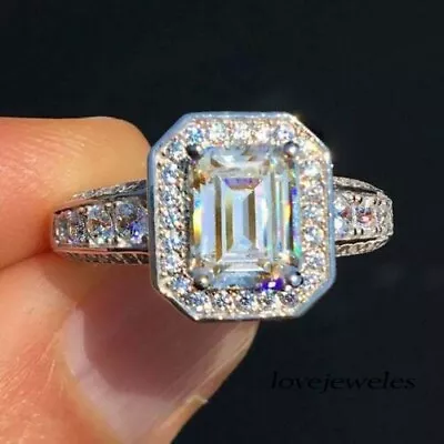 2CT Emerald Cut Real Moissanite Halo Engagement Wedding 925 Silver Ring • $155.68